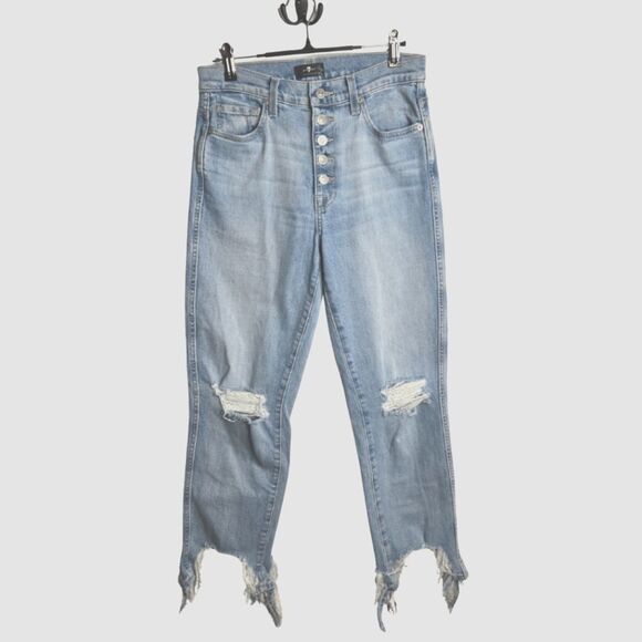 7 For All Mankind High Waist Cropped Straight Leg Distressed Denim Jeans Size 27 - Picture 2 of 10